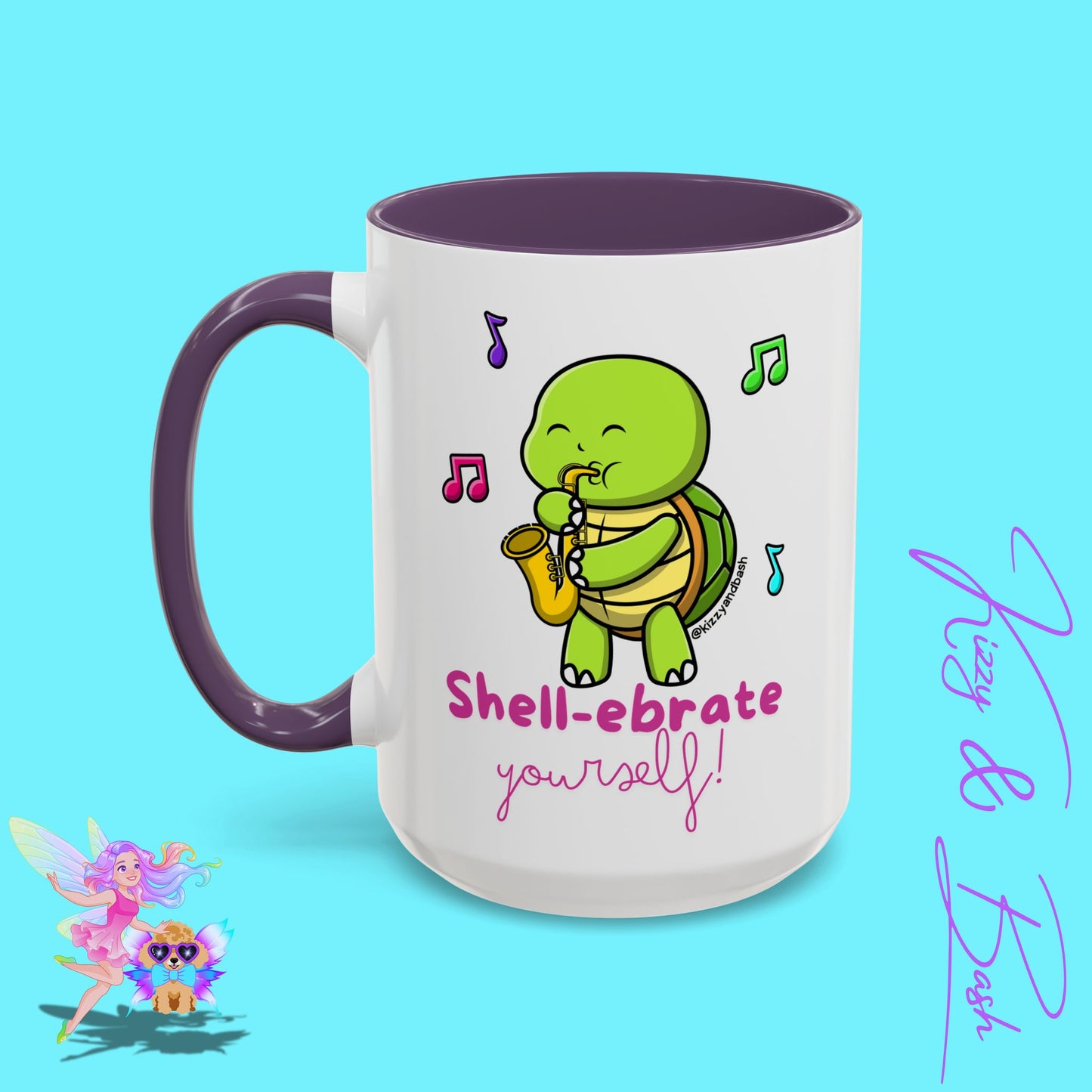 Cute Turtle Coffee Mug Funny Turtle Mug Saxophone Playing Turtle Perfect Teacher Appreciation Gift Funny Band Camp Mug Gift for Band Teacher Shell-ebrate Yourself Funny Pun Mug Celebrate Yourself Accent Coffee Mug - 11, 15oz