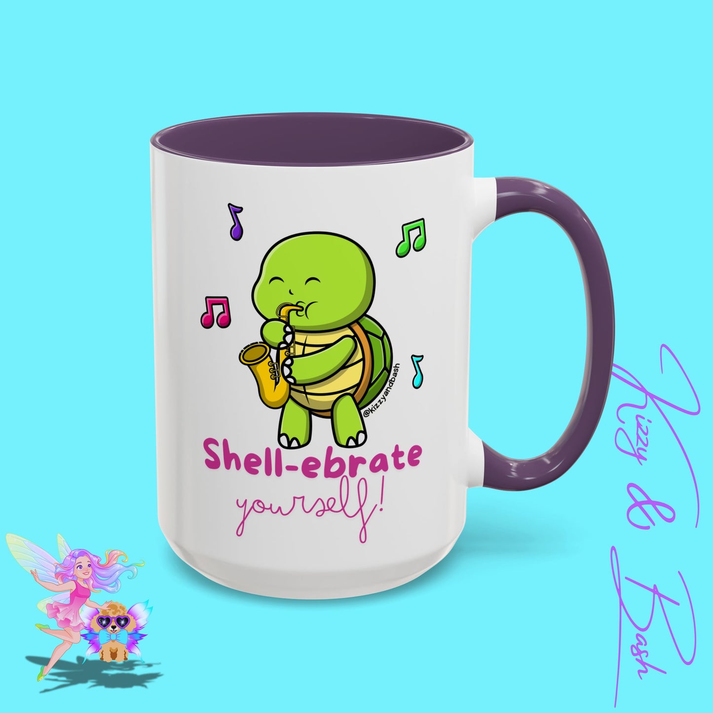 Cute Turtle Coffee Mug Funny Turtle Mug Saxophone Playing Turtle Perfect Teacher Appreciation Gift Funny Band Camp Mug Gift for Band Teacher Shell-ebrate Yourself Funny Pun Mug Celebrate Yourself Accent Coffee Mug - 11, 15oz