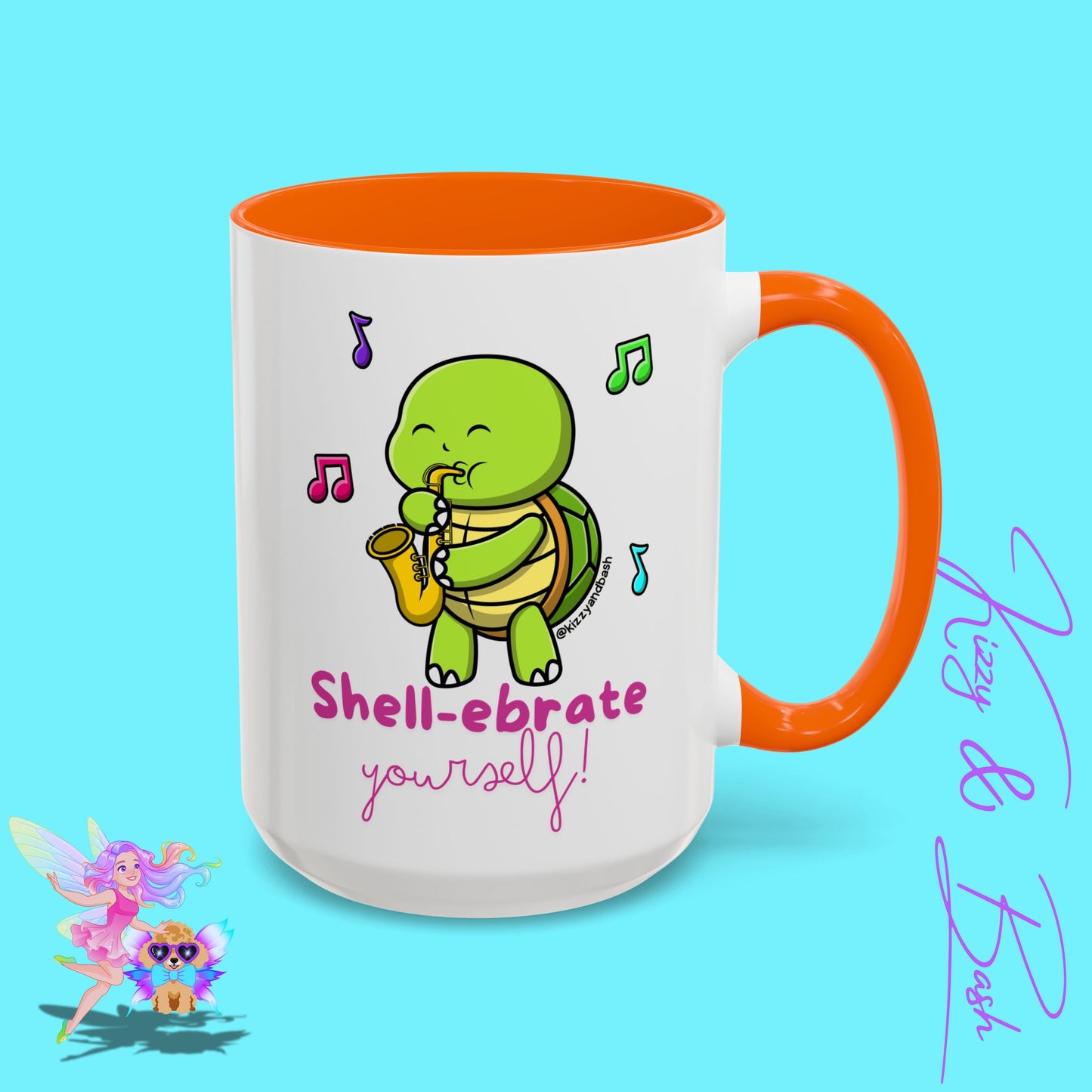 Cute Turtle Coffee Mug Funny Turtle Mug Saxophone Playing Turtle Perfect Teacher Appreciation Gift Funny Band Camp Mug Gift for Band Teacher Shell-ebrate Yourself Funny Pun Mug Celebrate Yourself Accent Coffee Mug - 11, 15oz