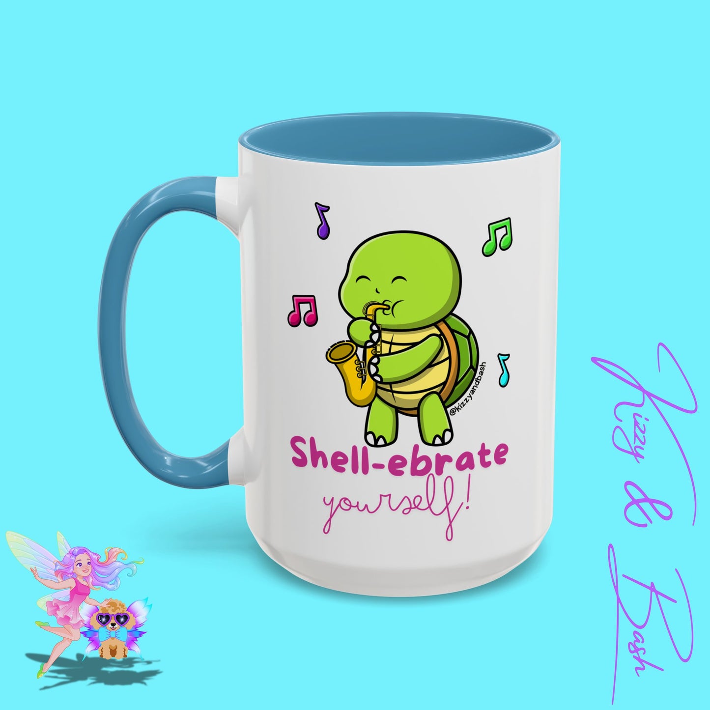 Cute Turtle Coffee Mug Funny Turtle Mug Saxophone Playing Turtle Perfect Teacher Appreciation Gift Funny Band Camp Mug Gift for Band Teacher Shell-ebrate Yourself Funny Pun Mug Celebrate Yourself Accent Coffee Mug - 11, 15oz