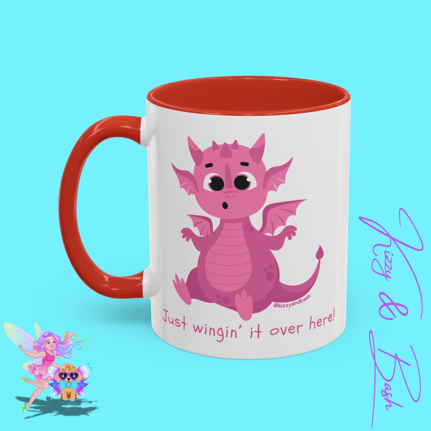Pink Dragon Coffee Mug for Her Funny Dragon Mug Unique Dragon Gift for Her Just Wingin' It Over Here Self-Affirming Gift Idea Dragon Lover Mug Pink Lover Accent Coffee Mug  11, 15oz