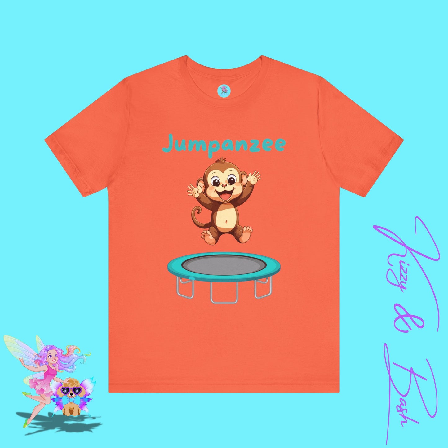 Jumpanzee T-Shirt Funny Monkey Jumping on Trampoline Graphic Tee Cute Animal Pun T-Shirt Fun Gift for Trampoline or Zoo Lovers Silly Monkey Shirt Monkey Lover Gift Adult Unisex Jersey Short Sleeve Tee