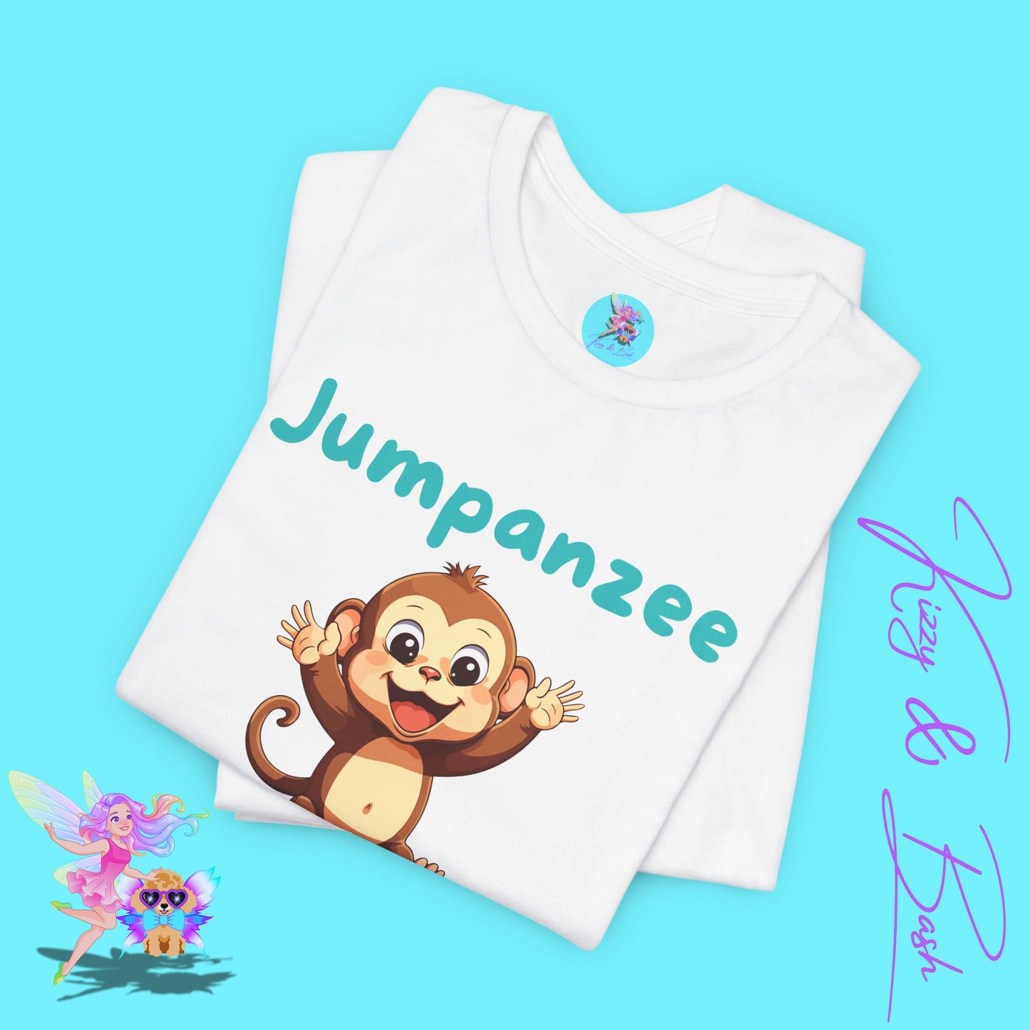 Jumpanzee T-Shirt Funny Monkey Jumping on Trampoline Graphic Tee Cute Animal Pun T-Shirt Fun Gift for Trampoline or Zoo Lovers Silly Monkey Shirt Monkey Lover Gift Adult Unisex Jersey Short Sleeve Tee