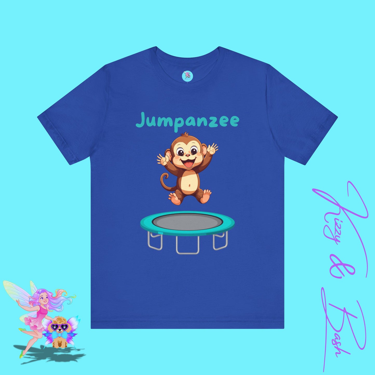 Jumpanzee T-Shirt Funny Monkey Jumping on Trampoline Graphic Tee Cute Animal Pun T-Shirt Fun Gift for Trampoline or Zoo Lovers Silly Monkey Shirt Monkey Lover Gift Adult Unisex Jersey Short Sleeve Tee