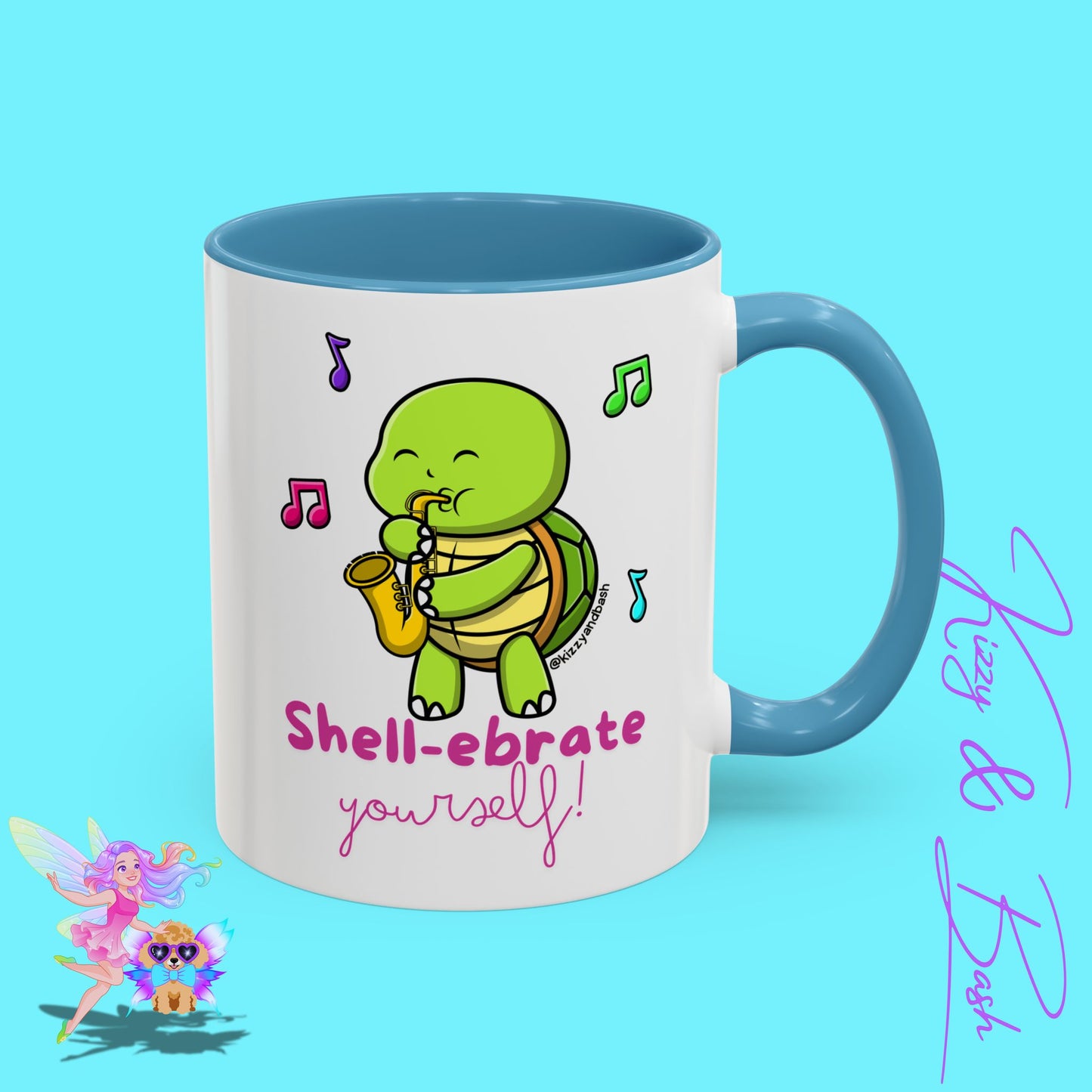 Cute Turtle Coffee Mug Funny Turtle Mug Saxophone Playing Turtle Perfect Teacher Appreciation Gift Funny Band Camp Mug Gift for Band Teacher Shell-ebrate Yourself Funny Pun Mug Celebrate Yourself Accent Coffee Mug - 11, 15oz