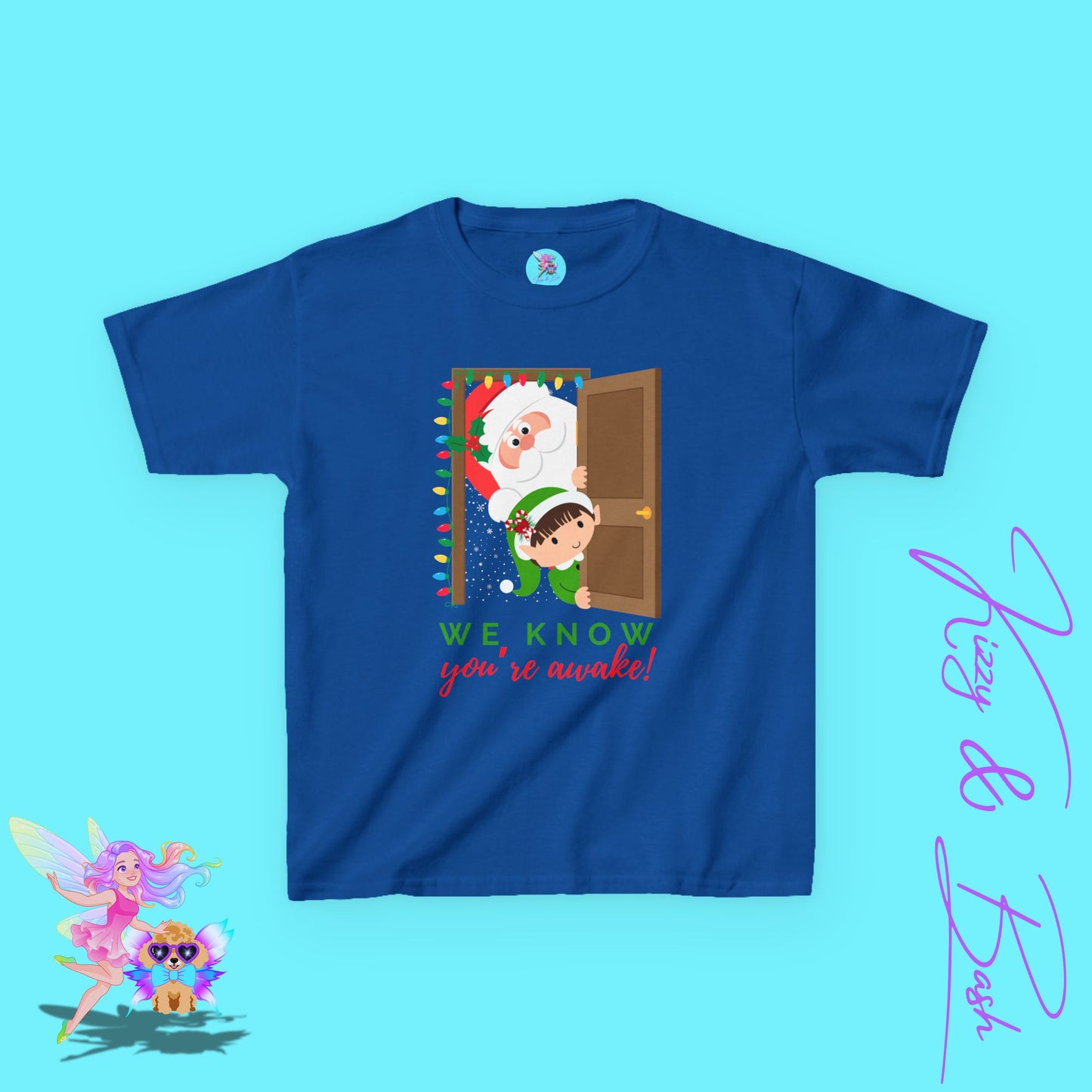 We Know You're Awake Funny Santa and Elf Christmas Shirt for Kids Funny Holiday Graphic Tee Unique Holiday Gift Idea for Elf Lovers Santa Shirt for Kids Heavy Cotton™ Tee
