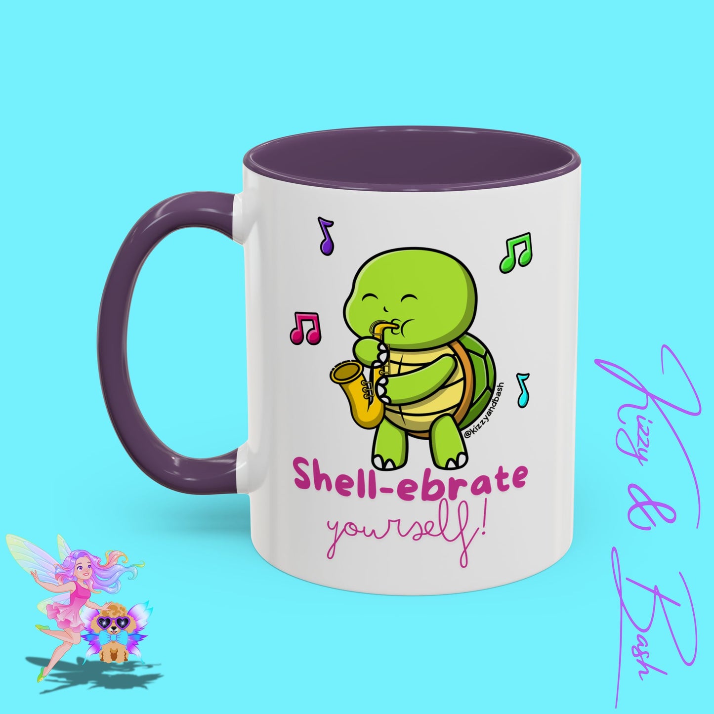 Cute Turtle Coffee Mug Funny Turtle Mug Saxophone Playing Turtle Perfect Teacher Appreciation Gift Funny Band Camp Mug Gift for Band Teacher Shell-ebrate Yourself Funny Pun Mug Celebrate Yourself Accent Coffee Mug - 11, 15oz