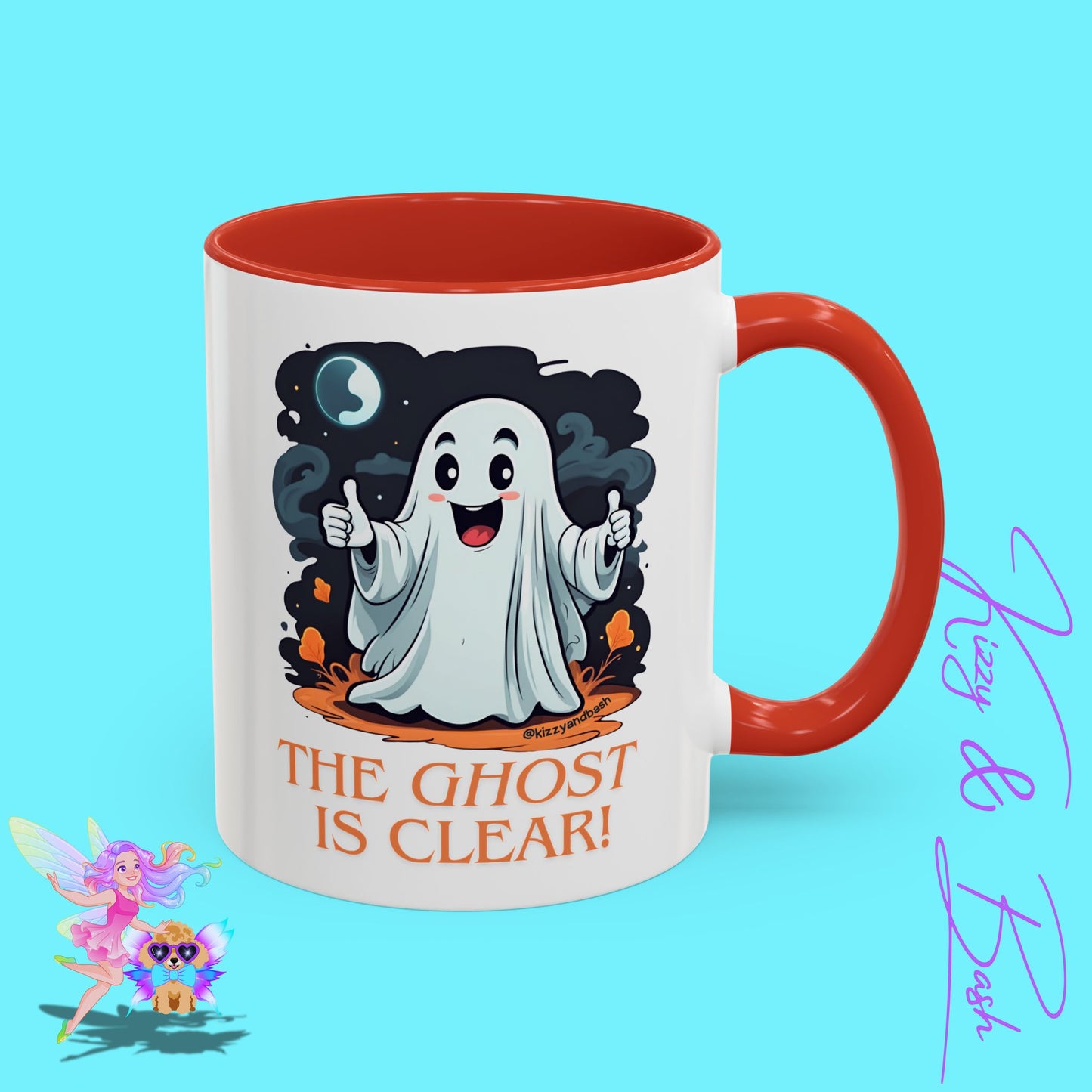 Funny Halloween Mug Cute Halloween Coffee Mug Unique Ghost Lover Gift The Ghost is Clear The Coast is Clear Punny Ghost with Two Thumbs Up Accent Coffee Mug - 11, 15oz