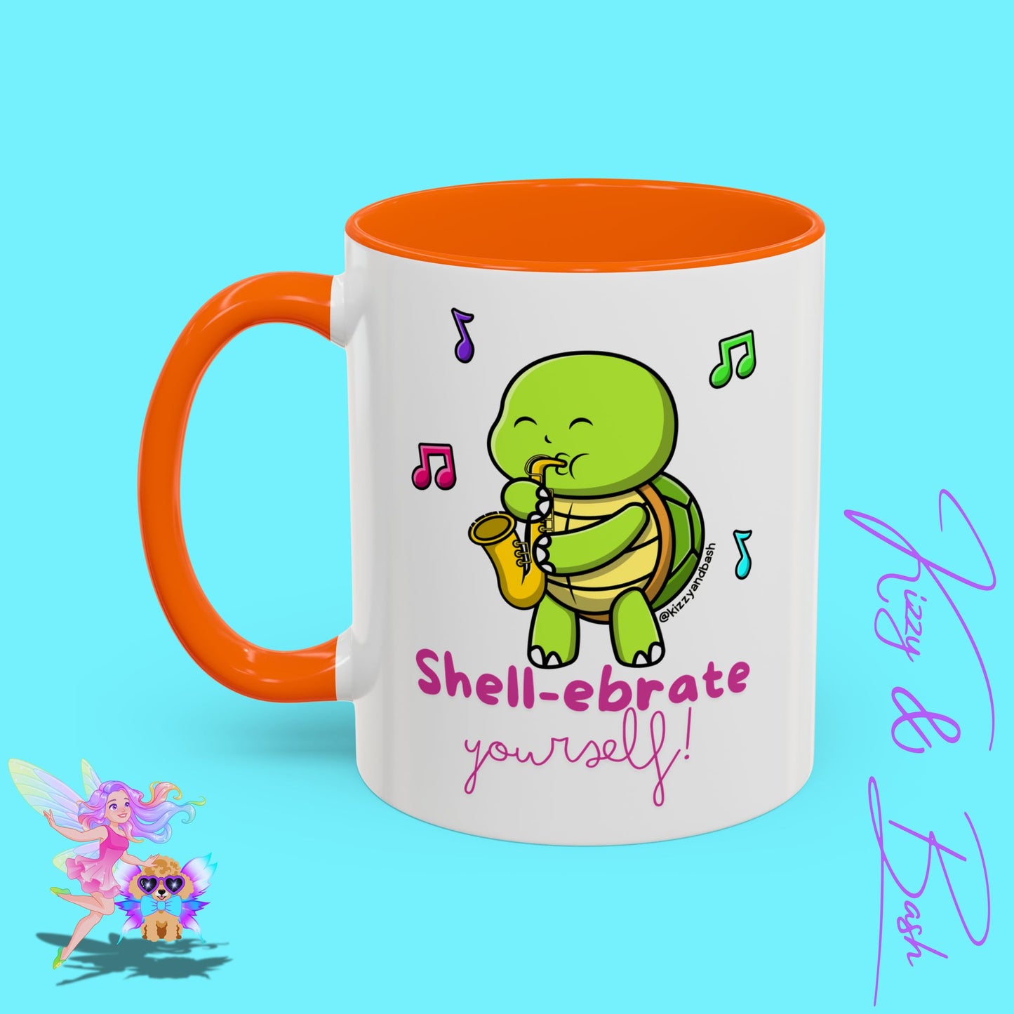 Cute Turtle Coffee Mug Funny Turtle Mug Saxophone Playing Turtle Perfect Teacher Appreciation Gift Funny Band Camp Mug Gift for Band Teacher Shell-ebrate Yourself Funny Pun Mug Celebrate Yourself Accent Coffee Mug - 11, 15oz