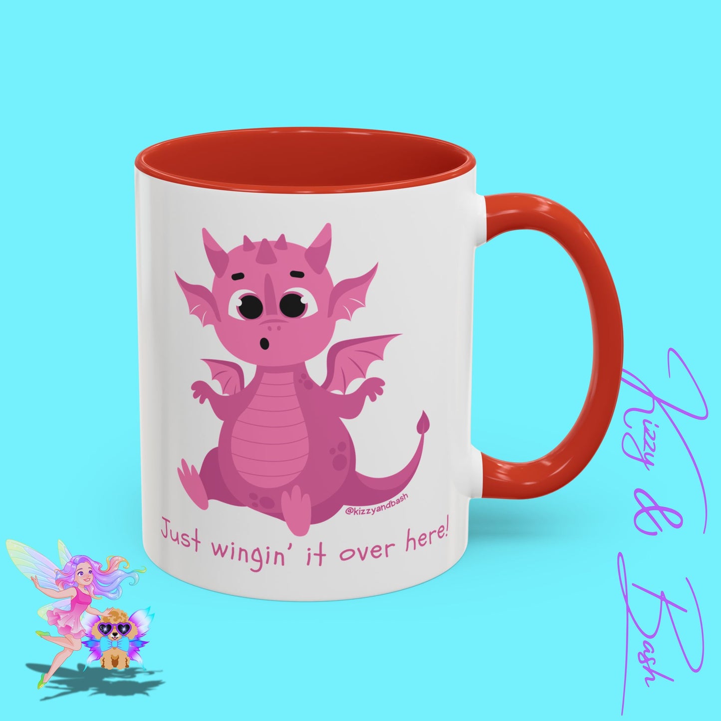 Pink Dragon Coffee Mug for Her Funny Dragon Mug Unique Dragon Gift for Her Just Wingin' It Over Here Self-Affirming Gift Idea Dragon Lover Mug Pink Lover Accent Coffee Mug  11, 15oz