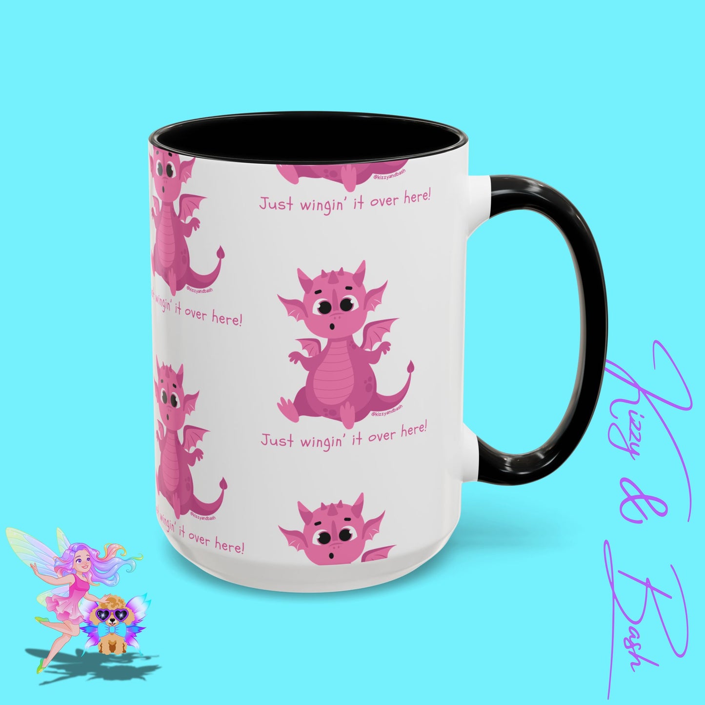 Pink Dragon Coffee Mug for Her Funny Dragon Mug Unique Dragon Gift for Her Just Wingin' It Over Here Self-Affirming Gift Idea Dragon Lover Mug Pink Lover Accent Coffee Mug  11, 15oz