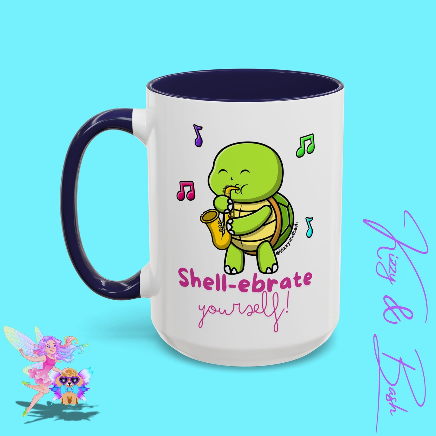 Cute Turtle Coffee Mug Funny Turtle Mug Saxophone Playing Turtle Perfect Teacher Appreciation Gift Funny Band Camp Mug Gift for Band Teacher Shell-ebrate Yourself Funny Pun Mug Celebrate Yourself Accent Coffee Mug - 11, 15oz