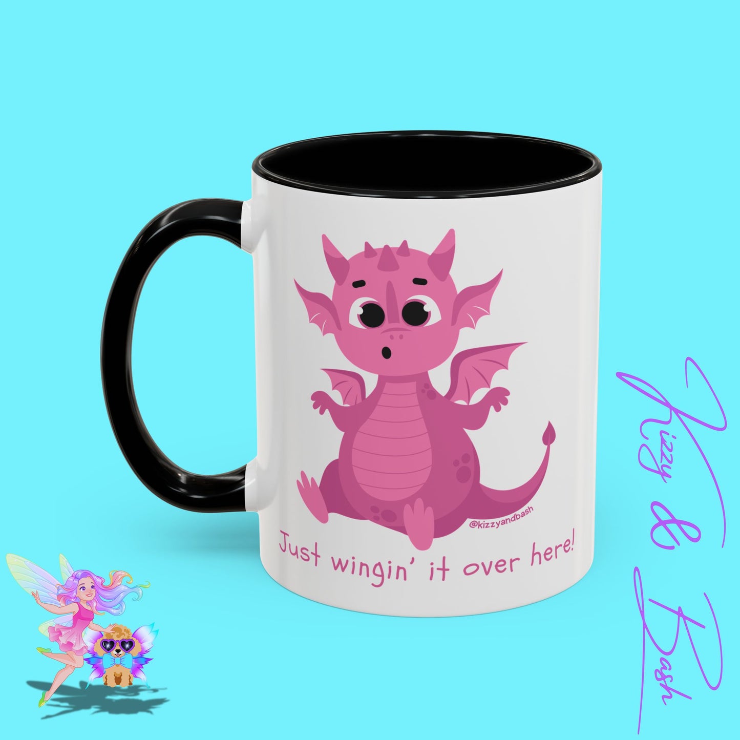 Pink Dragon Coffee Mug for Her Funny Dragon Mug Unique Dragon Gift for Her Just Wingin' It Over Here Self-Affirming Gift Idea Dragon Lover Mug Pink Lover Accent Coffee Mug  11, 15oz