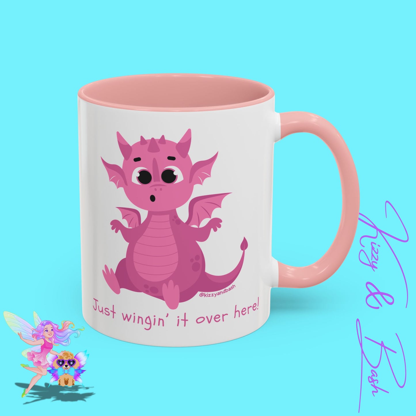 Pink Dragon Coffee Mug for Her Funny Dragon Mug Unique Dragon Gift for Her Just Wingin' It Over Here Self-Affirming Gift Idea Dragon Lover Mug Pink Lover Accent Coffee Mug  11, 15oz