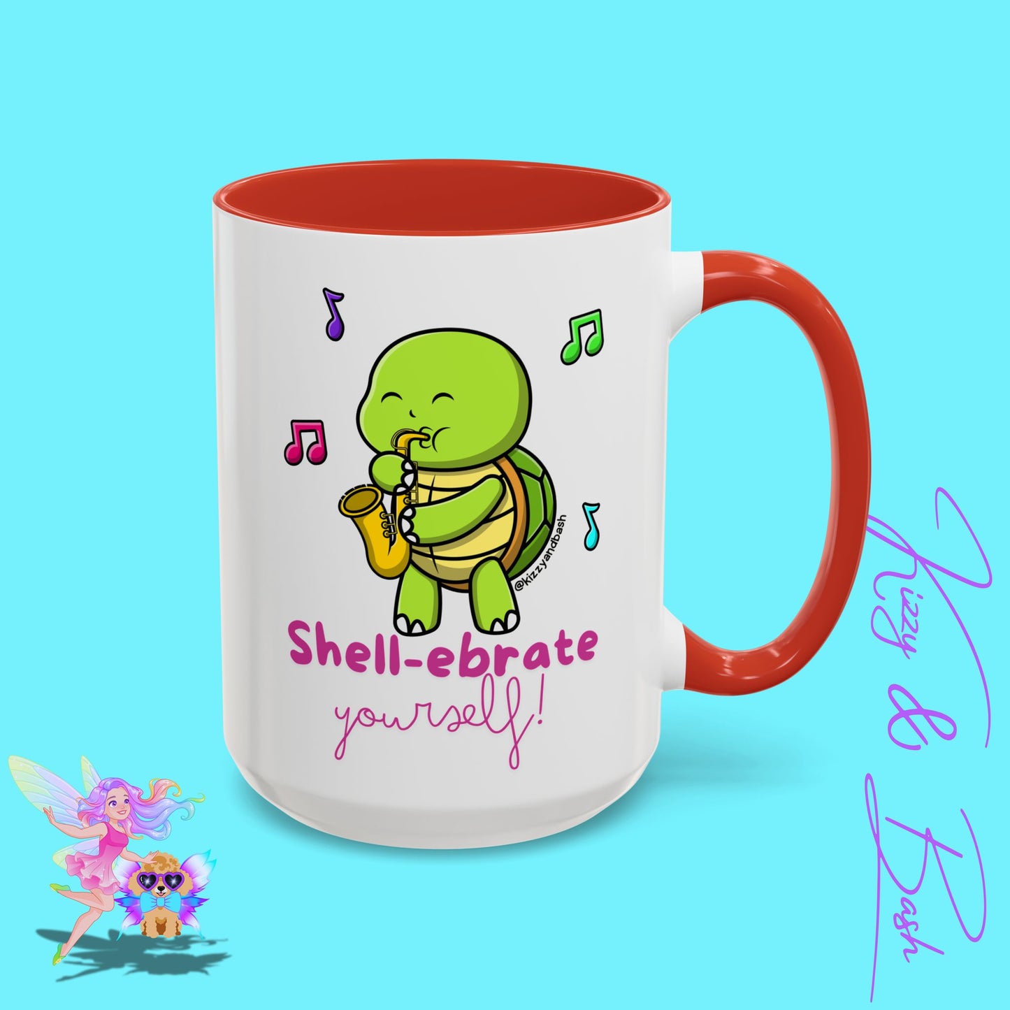 Cute Turtle Coffee Mug Funny Turtle Mug Saxophone Playing Turtle Perfect Teacher Appreciation Gift Funny Band Camp Mug Gift for Band Teacher Shell-ebrate Yourself Funny Pun Mug Celebrate Yourself Accent Coffee Mug - 11, 15oz