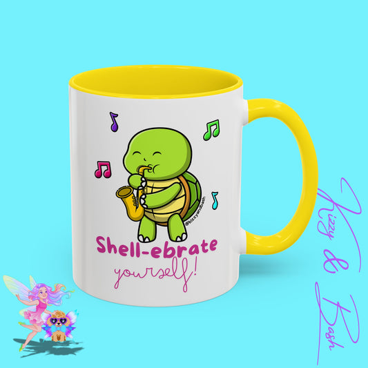 Cute Turtle Coffee Mug Funny Turtle Mug Saxophone Playing Turtle Perfect Teacher Appreciation Gift Funny Band Camp Mug Gift for Band Teacher Shell-ebrate Yourself Funny Pun Mug Celebrate Yourself Accent Coffee Mug - 11, 15oz