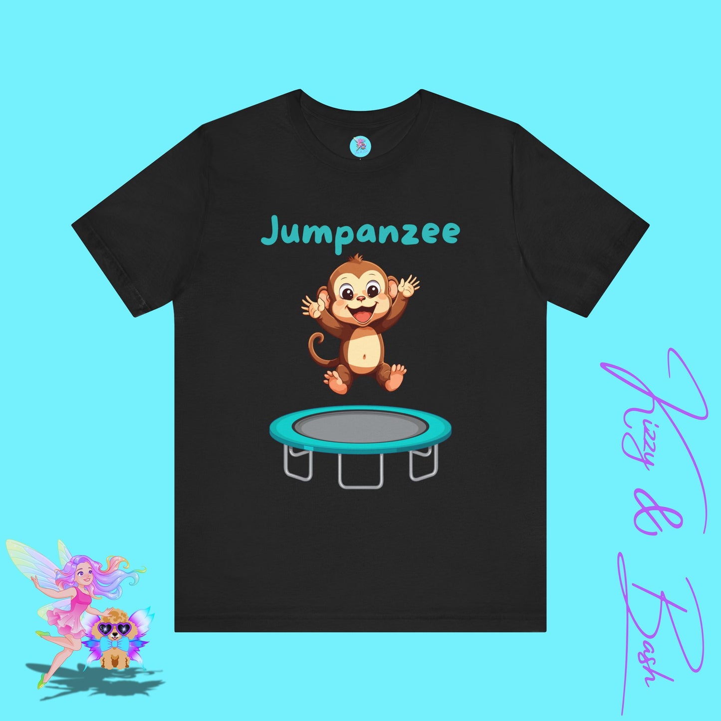 Jumpanzee T-Shirt Funny Monkey Jumping on Trampoline Graphic Tee Cute Animal Pun T-Shirt Fun Gift for Trampoline or Zoo Lovers Silly Monkey Shirt Monkey Lover Gift Adult Unisex Jersey Short Sleeve Tee