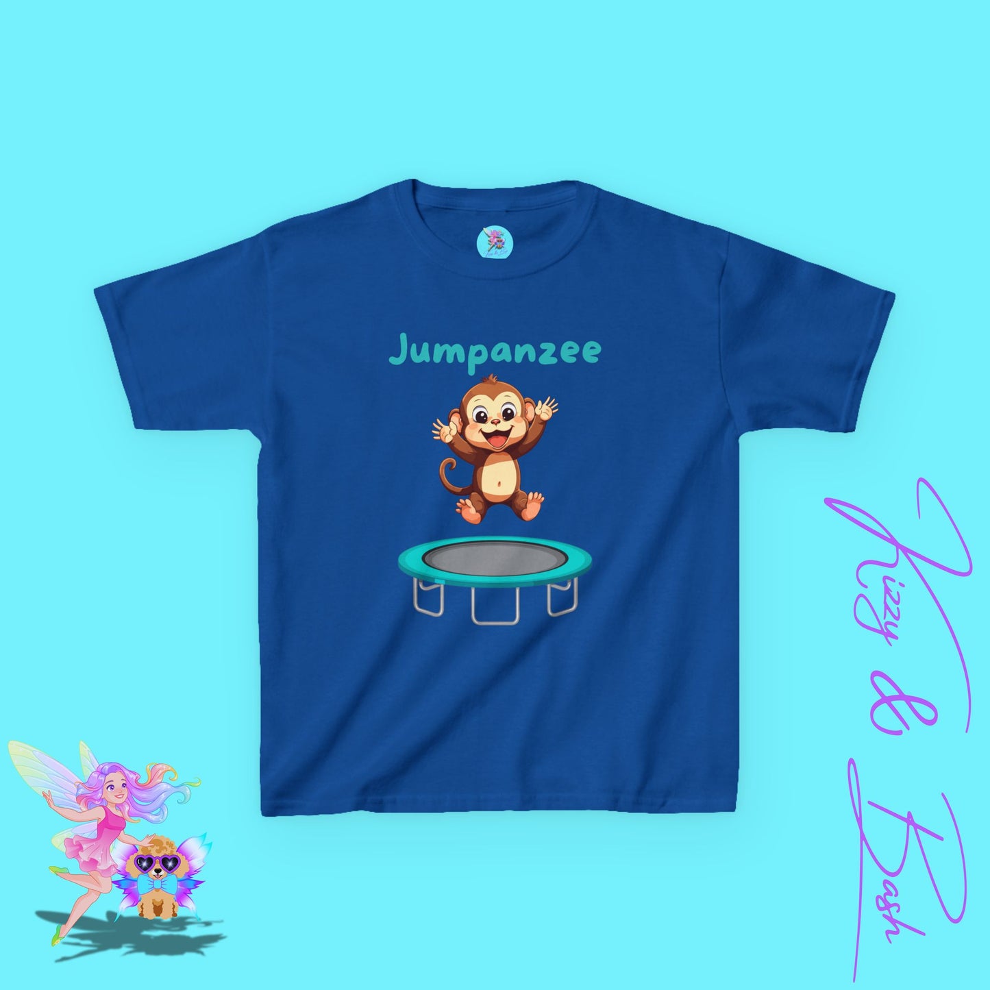 Jumpanzee Monkey Jumping on Trampoline Shirt for Kids Wildlife Humor Shirt Cute Animal Pun T-Shirt Hilarious Animal-Themed Gift Happy Monkey Shirt for Kids Heavy Cotton™ Tee