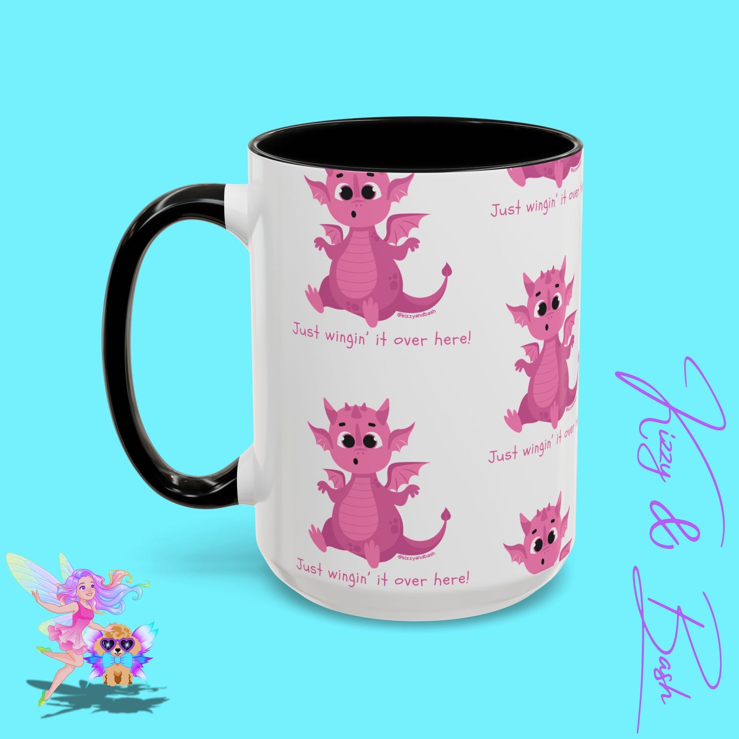 Pink Dragon Coffee Mug for Her Funny Dragon Mug Unique Dragon Gift for Her Just Wingin' It Over Here Self-Affirming Gift Idea Dragon Lover Mug Pink Lover Accent Coffee Mug  11, 15oz