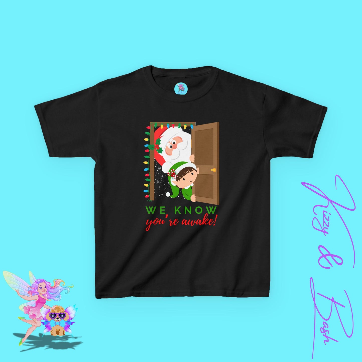 We Know You're Awake Funny Santa and Elf Christmas Shirt for Kids Funny Holiday Graphic Tee Unique Holiday Gift Idea for Elf Lovers Santa Shirt for Kids Heavy Cotton™ Tee
