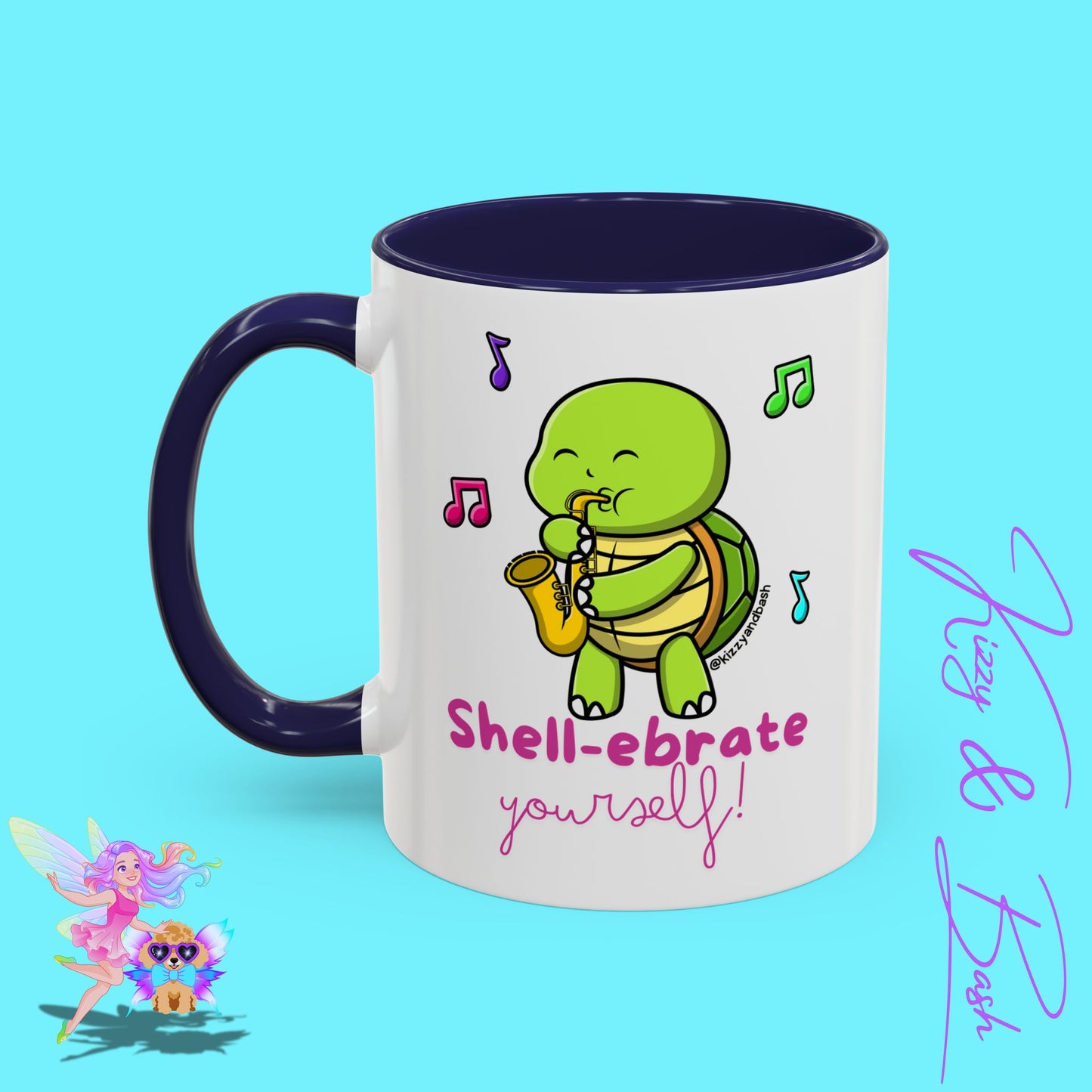 Cute Turtle Coffee Mug Funny Turtle Mug Saxophone Playing Turtle Perfect Teacher Appreciation Gift Funny Band Camp Mug Gift for Band Teacher Shell-ebrate Yourself Funny Pun Mug Celebrate Yourself Accent Coffee Mug - 11, 15oz