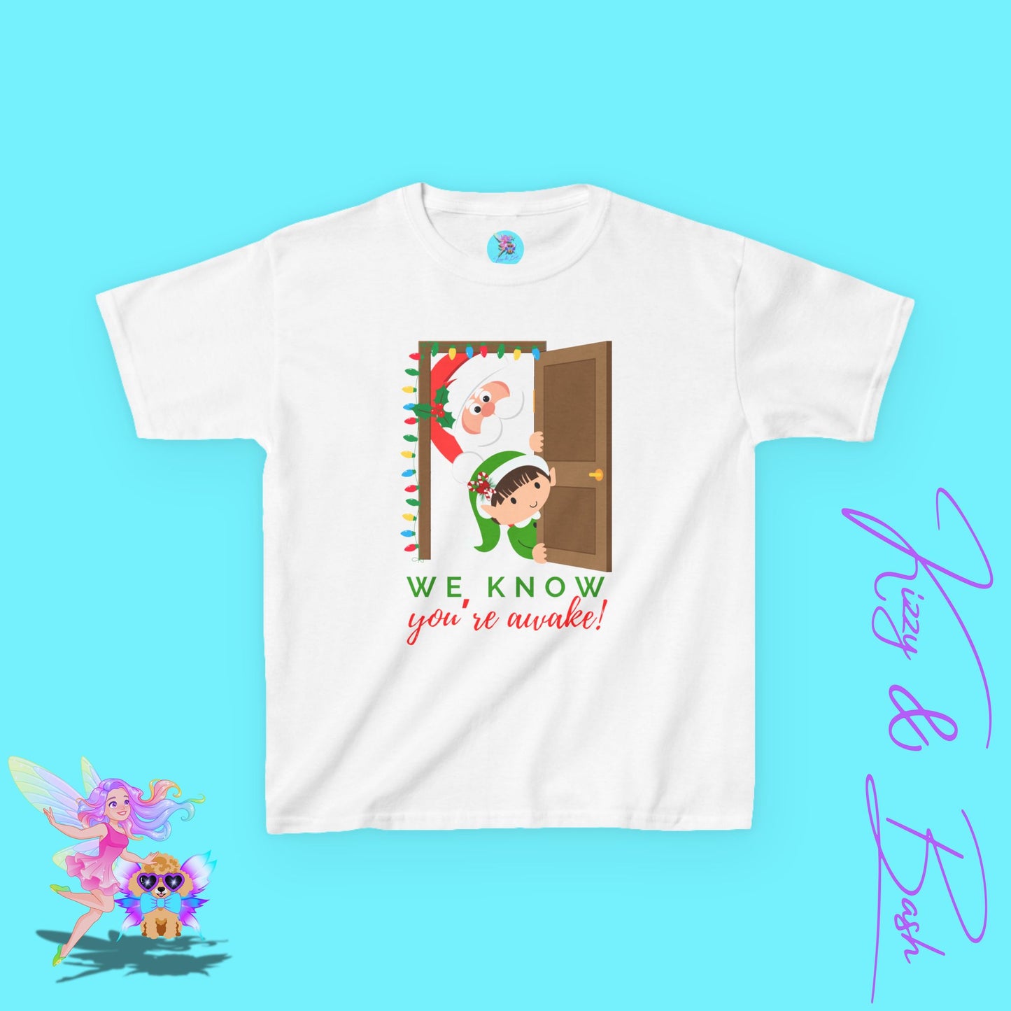 We Know You're Awake Funny Santa and Elf Christmas Shirt for Kids Funny Holiday Graphic Tee Unique Holiday Gift Idea for Elf Lovers Santa Shirt for Kids Heavy Cotton™ Tee