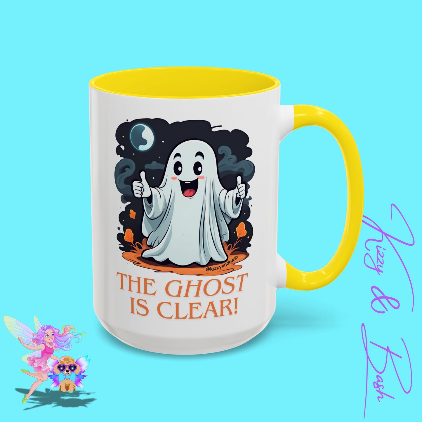 Funny Halloween Mug Cute Halloween Coffee Mug Unique Ghost Lover Gift The Ghost is Clear The Coast is Clear Punny Ghost with Two Thumbs Up Accent Coffee Mug - 11, 15oz