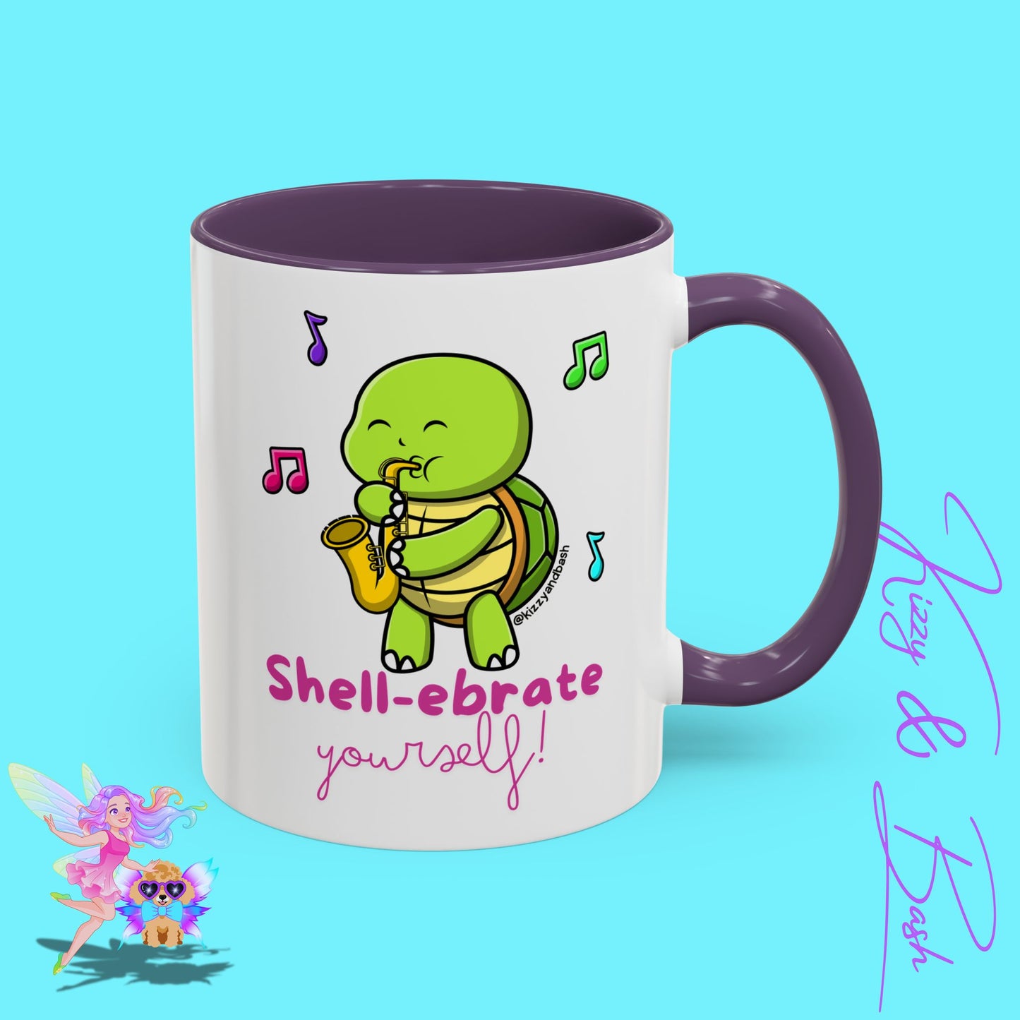 Cute Turtle Coffee Mug Funny Turtle Mug Saxophone Playing Turtle Perfect Teacher Appreciation Gift Funny Band Camp Mug Gift for Band Teacher Shell-ebrate Yourself Funny Pun Mug Celebrate Yourself Accent Coffee Mug - 11, 15oz