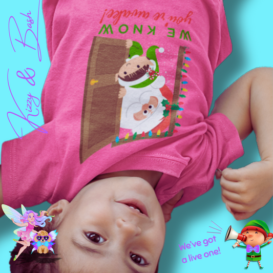 We Know You're Awake Santa and Elf T-Shirt for Toddlers Perfect Gift for the Naughty List Cute and Funny Christmas Shirt Funny Christmas Elf Gift Unique Gift for Santa Lovers Toddler's Fine Jersey Tee
