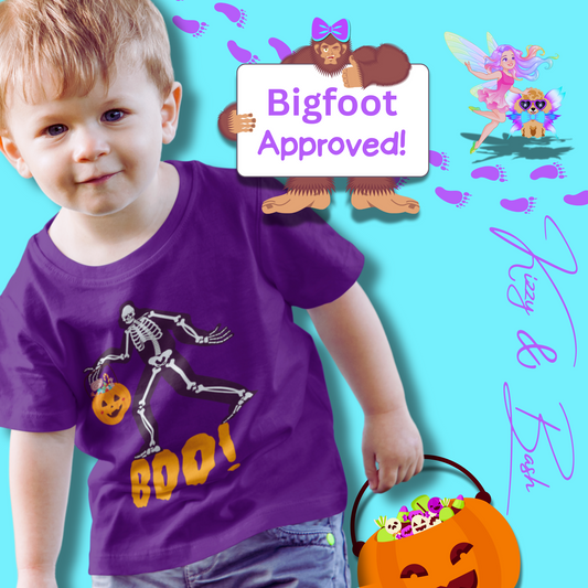 Trick-or-Treating Bigfoot Skeleton Shirt for Toddlers Unique Cryptid Gift Idea Cryptidcore Shirt for Toddlers Bigfoot Lover T-Shirt Halloween Sasquatch Shirt Funny Halloween Graphic Tee for Toddler's Fine Jersey Tee