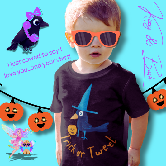 Trick-or-Tweet Black Bird Halloween Shirt for Toddlers Cute and Funny Fall Tee Halloween Gift Idea for Toddlers Halloween Pun Shirt for Toddler's Fine Jersey Tee