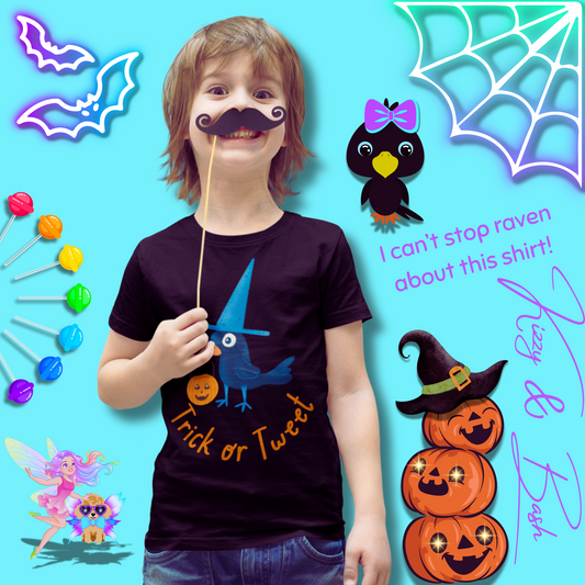 Trick-or-Tweet Black Bird Halloween T-Shirt for Kids Funny Unisex Fall Graphic Tee Halloween Pun T-Shirt Punny Halloween Tee Halloween Gift for Child Kids Heavy Cotton™ Tee