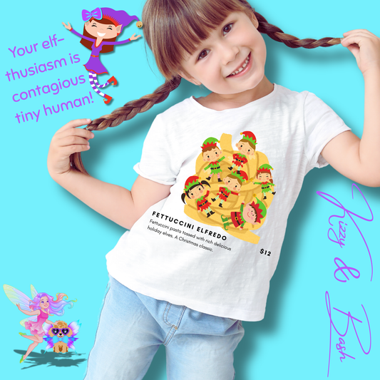 Fettuccini Elfredo Shirt Funny Holiday T-Shirt Gag Gift or Party Tee Idea Gift for Food Lovers Gift for Elf Fans Holiday Party Shirt Hilarious Christmas Shirt for Kids Heavy Cotton™ Tee