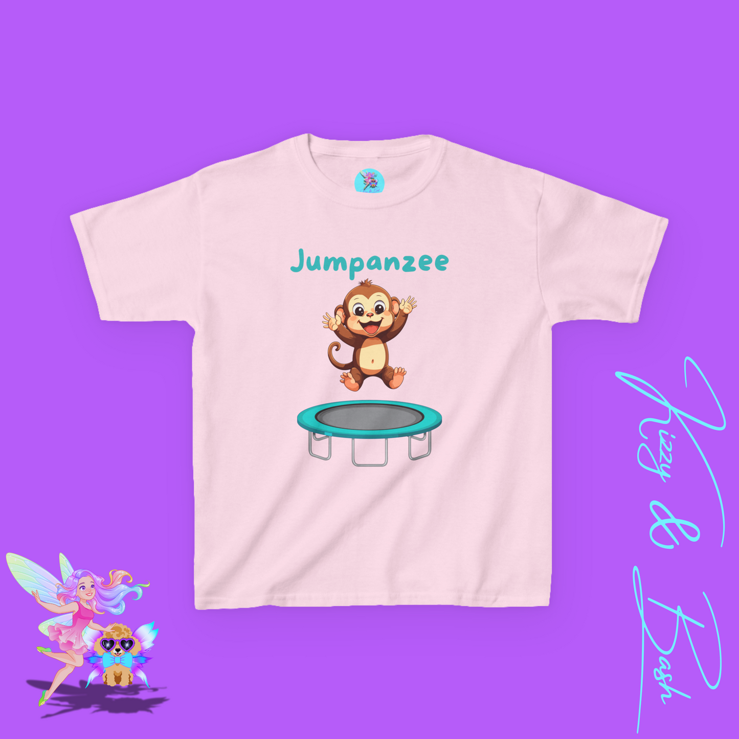 Jumpanzee Monkey Jumping on Trampoline Shirt for Kids Wildlife Humor Shirt Cute Animal Pun T-Shirt Hilarious Animal-Themed Gift Happy Monkey Shirt for Kids Heavy Cotton™ Tee