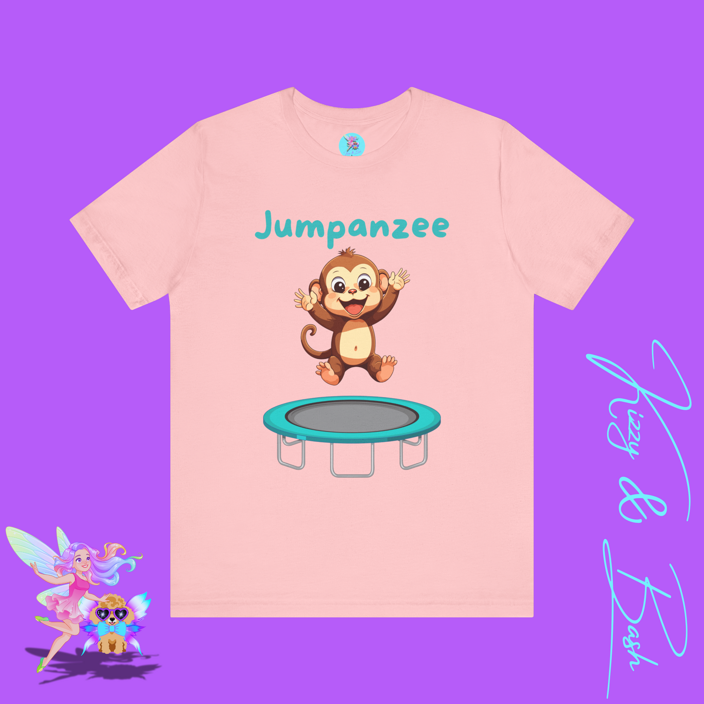 Jumpanzee T-Shirt Funny Monkey Jumping on Trampoline Graphic Tee Cute Animal Pun T-Shirt Fun Gift for Trampoline or Zoo Lovers Silly Monkey Shirt Monkey Lover Gift Adult Unisex Jersey Short Sleeve Tee
