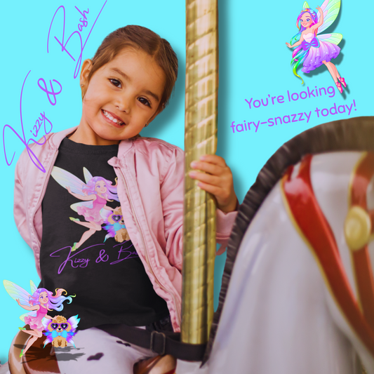 Kizzy & Bash Logo T-Shirt for Kids Whimsical Fairy Girl and Toy Poodle with Wings Fairycore Shirt Gift for Fairy Lovers Gift for Poodle Lovers Kids Heavy Cotton™ Tee