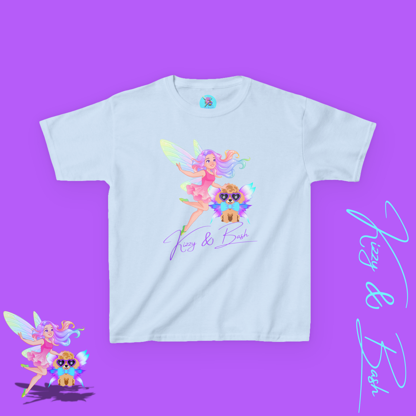 Kizzy & Bash Logo T-Shirt for Kids Whimsical Fairy Girl and Toy Poodle with Wings Fairycore Shirt Gift for Fairy Lovers Gift for Poodle Lovers Kids Heavy Cotton™ Tee