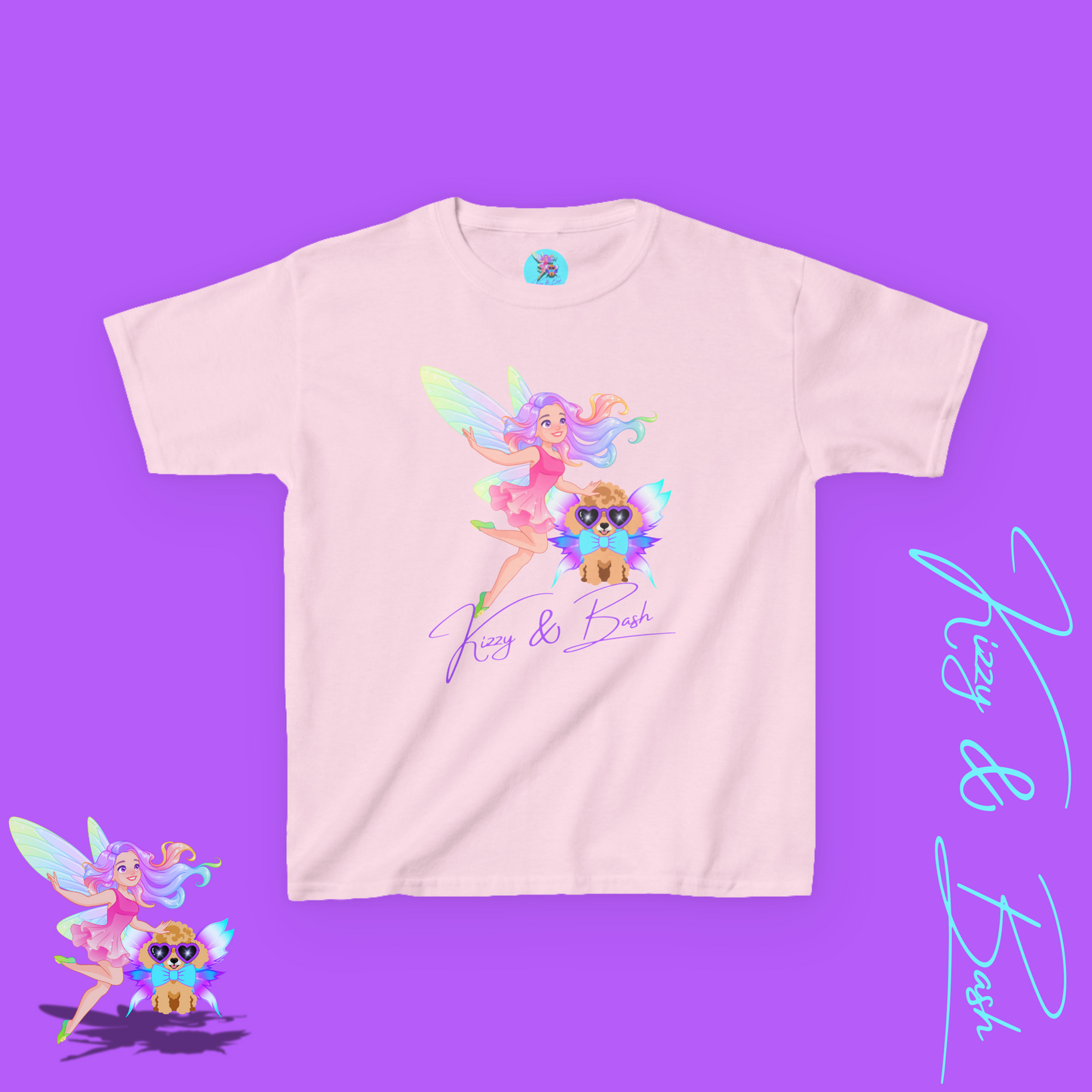 Kizzy & Bash Logo T-Shirt for Kids Whimsical Fairy Girl and Toy Poodle with Wings Fairycore Shirt Gift for Fairy Lovers Gift for Poodle Lovers Kids Heavy Cotton™ Tee