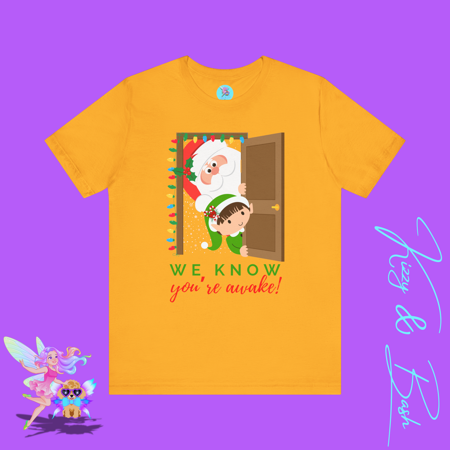 Funny Santa and Elf Christmas Shirt “We Know You’re Awake!” Doorway Peeking Design Holiday Graphic Tee for Him or Her Adult Unisex Jersey Short Sleeve Tee