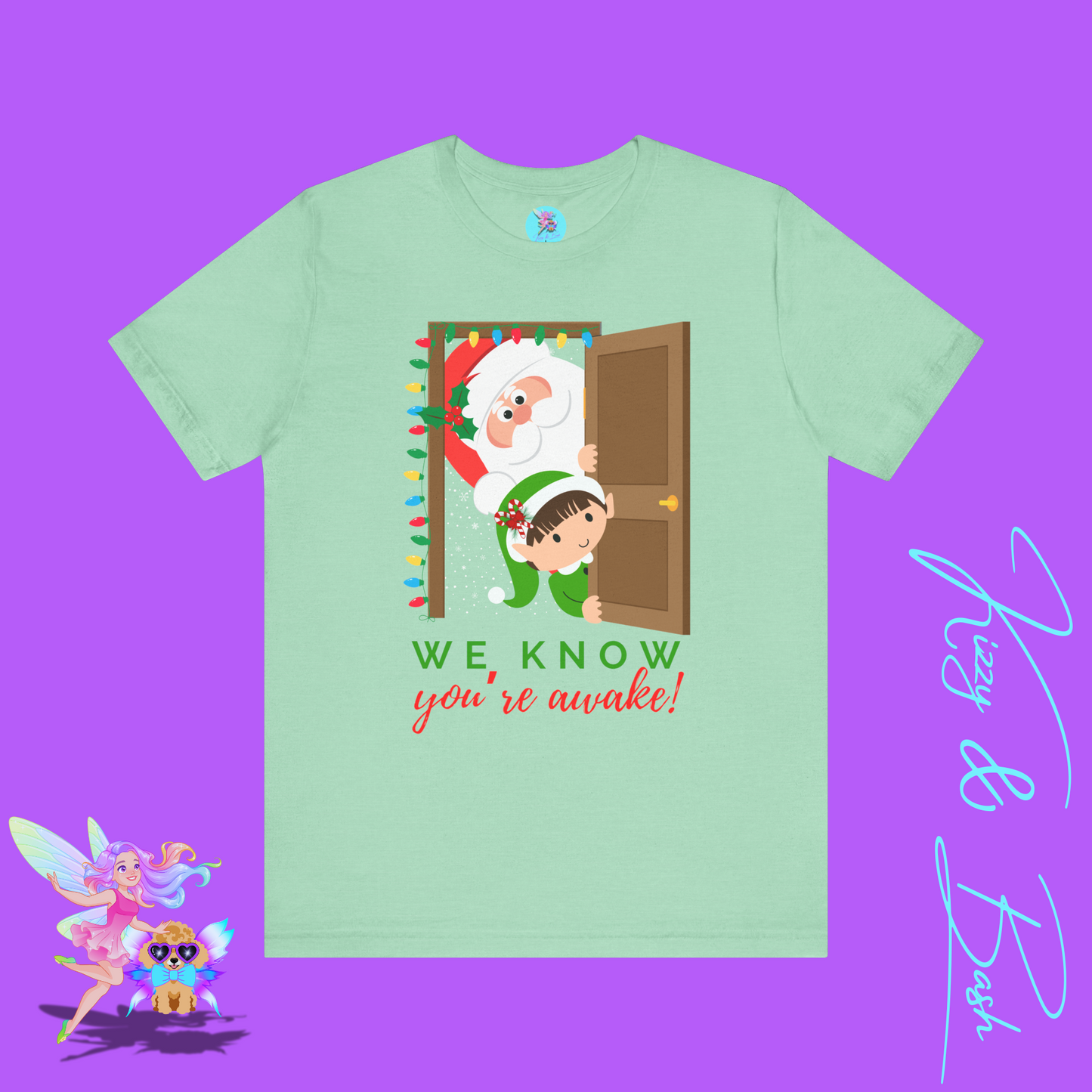Funny Santa and Elf Christmas Shirt “We Know You’re Awake!” Doorway Peeking Design Holiday Graphic Tee for Him or Her Adult Unisex Jersey Short Sleeve Tee
