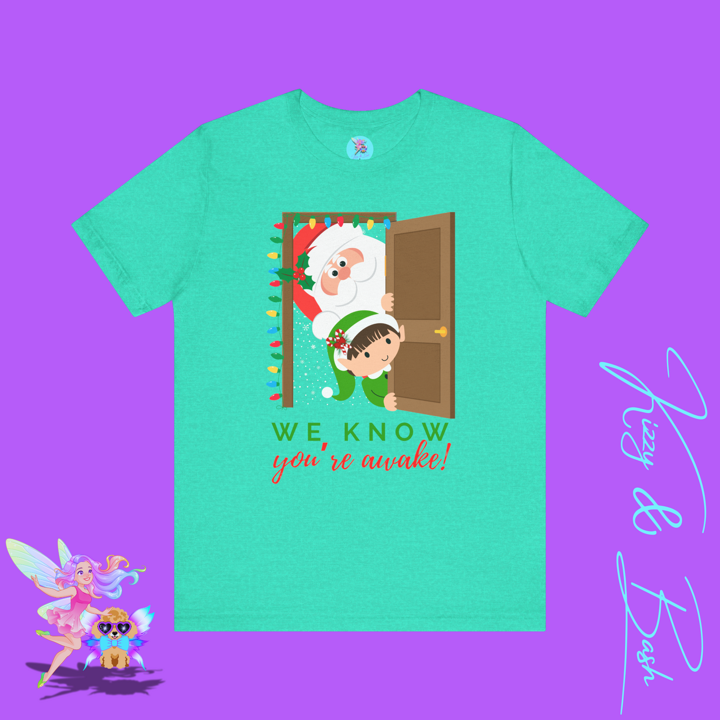 Funny Santa and Elf Christmas Shirt “We Know You’re Awake!” Doorway Peeking Design Holiday Graphic Tee for Him or Her Adult Unisex Jersey Short Sleeve Tee
