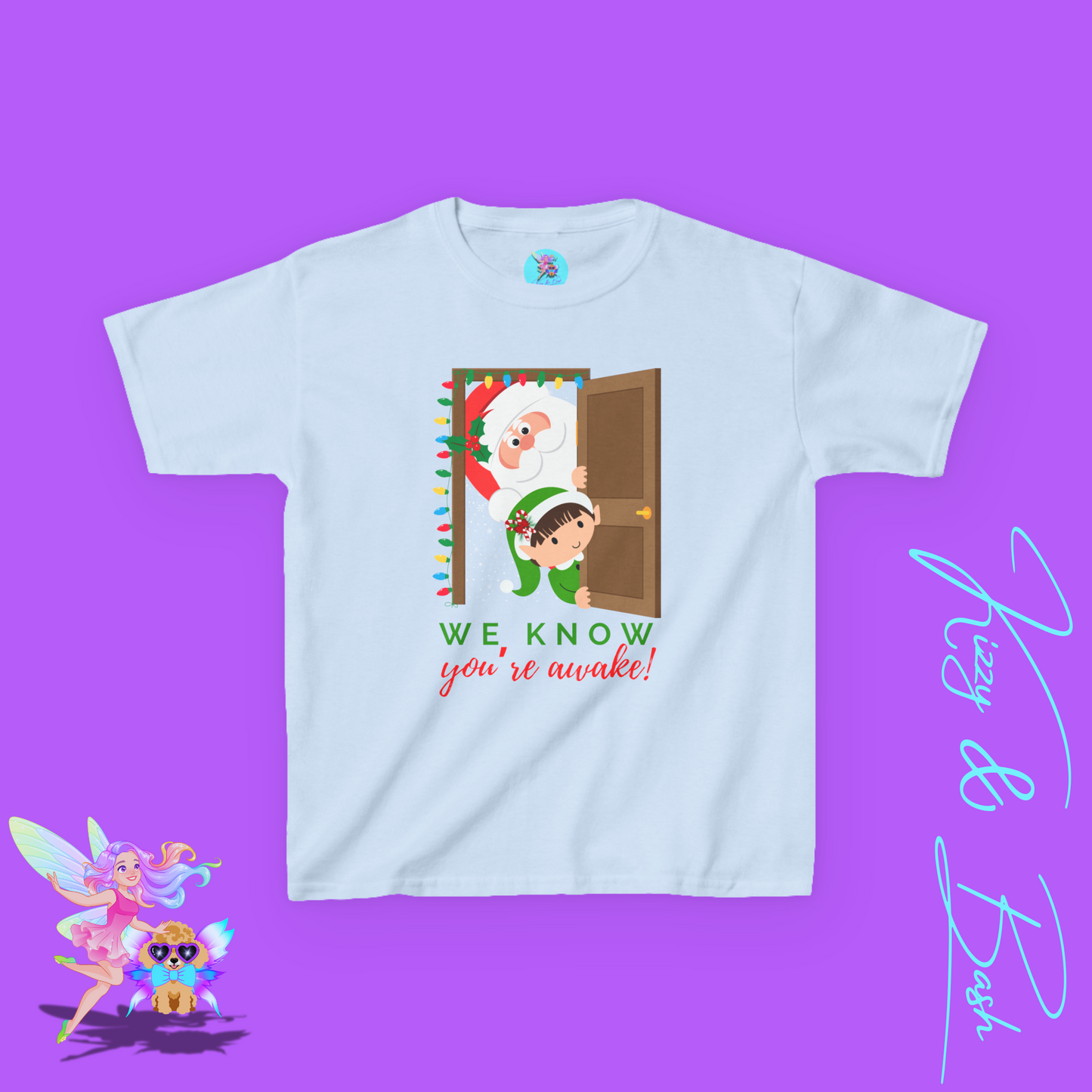 We Know You're Awake Funny Santa and Elf Christmas Shirt for Kids Funny Holiday Graphic Tee Unique Holiday Gift Idea for Elf Lovers Santa Shirt for Kids Heavy Cotton™ Tee
