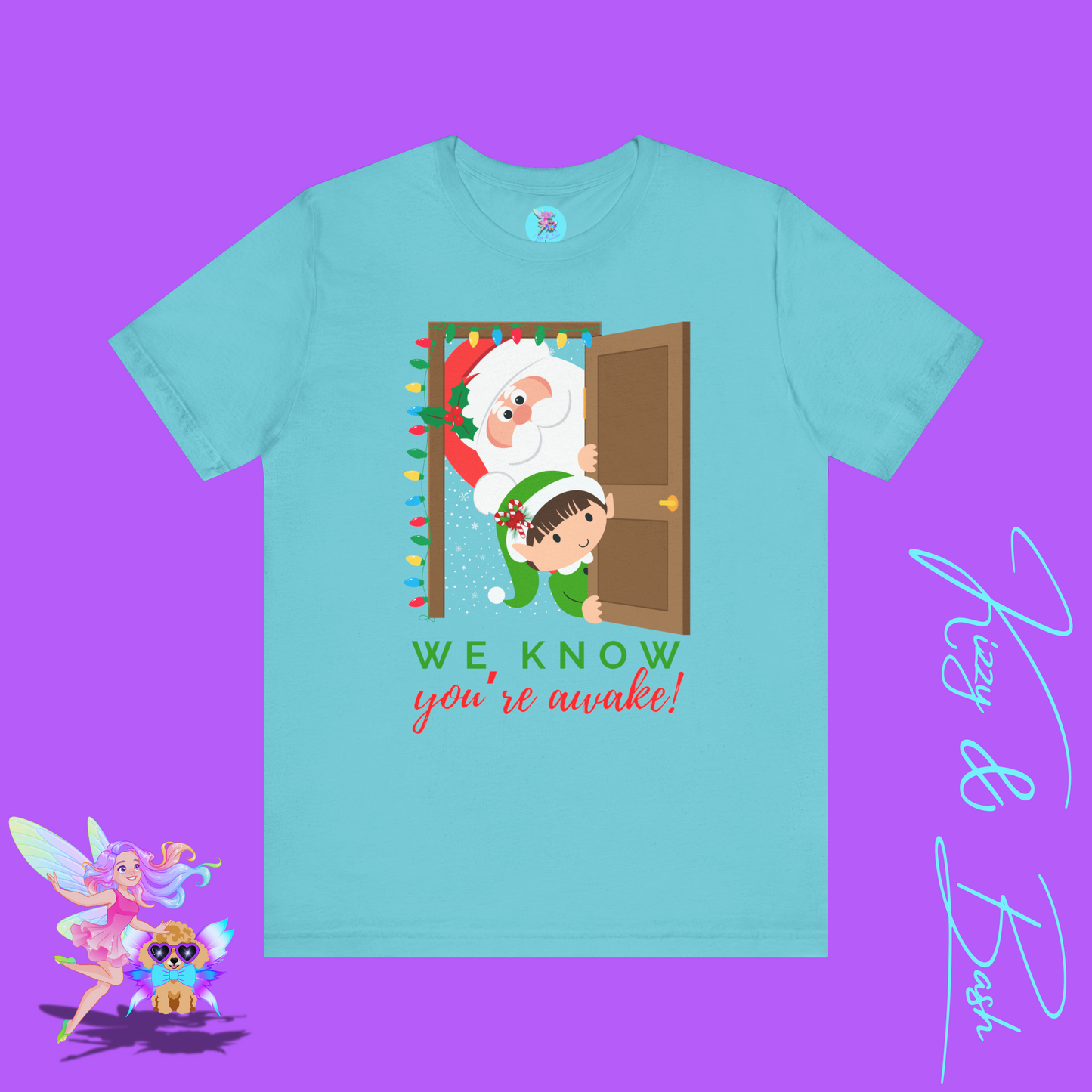 Funny Santa and Elf Christmas Shirt “We Know You’re Awake!” Doorway Peeking Design Holiday Graphic Tee for Him or Her Adult Unisex Jersey Short Sleeve Tee