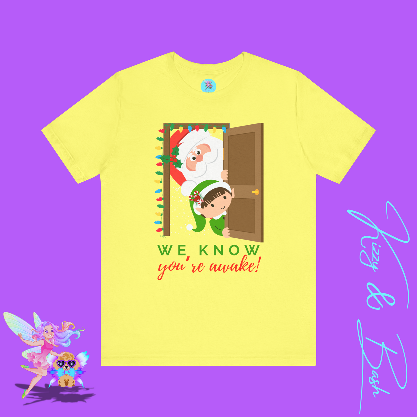 Funny Santa and Elf Christmas Shirt “We Know You’re Awake!” Doorway Peeking Design Holiday Graphic Tee for Him or Her Adult Unisex Jersey Short Sleeve Tee