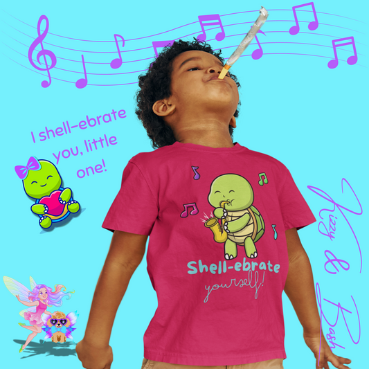 Saxophone Playing Turtle T-Shirt for Toddlers Fun Band Camp T-Shirt Gift for Music Lovers Funny Band Shirt Cute Music Lover Tee Feel-Good Gift Shirt Perfect Gift for Turtle Lovers Shell-ebrate Yourself Shirt for Toddler's Fine Jersey Tee
